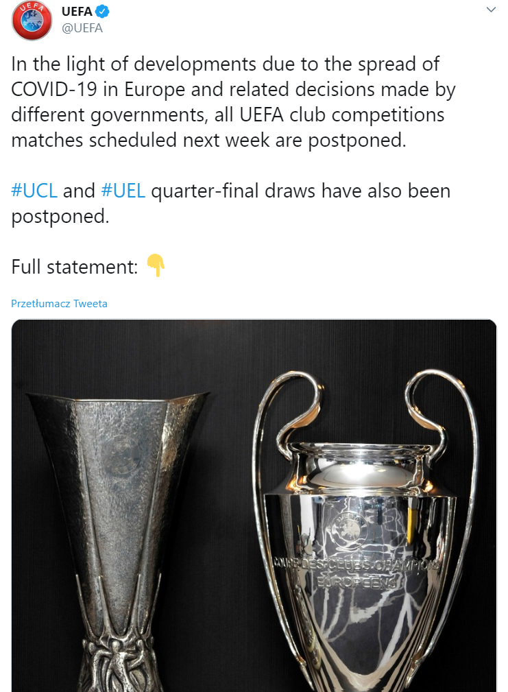 PILNE! DECYZJA UEFA W SPRAWIE NAJBLIŻSZYCH MECZÓW LM I LE